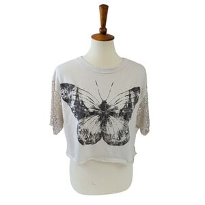 Altar'd State Oversized Crop Top Women XS Butterfly Sequin Fairy Festival Indie